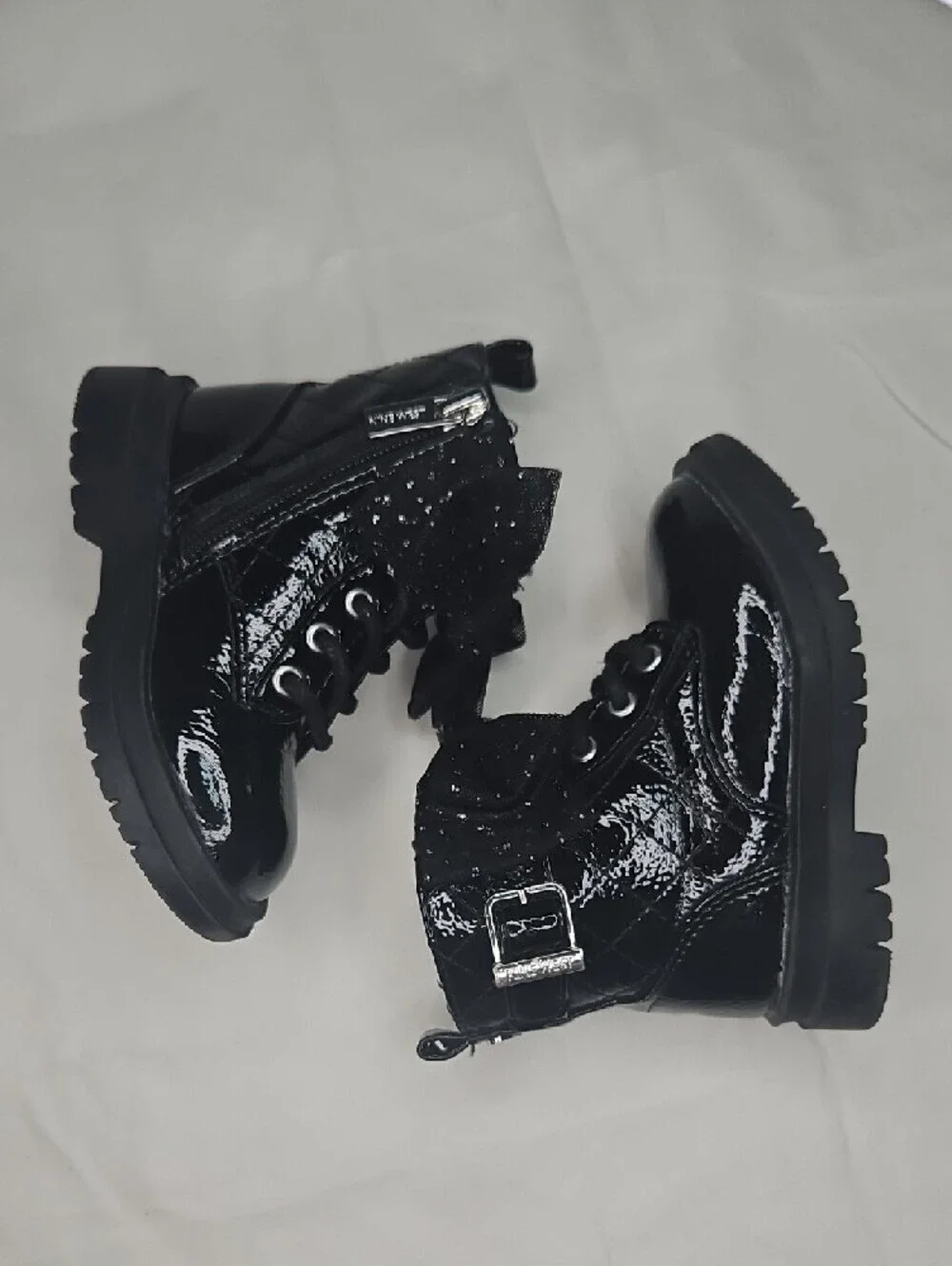 Nine West Darina Baby Girls' Black Patent Zip-Up Ankle Boots with Bow Size 5